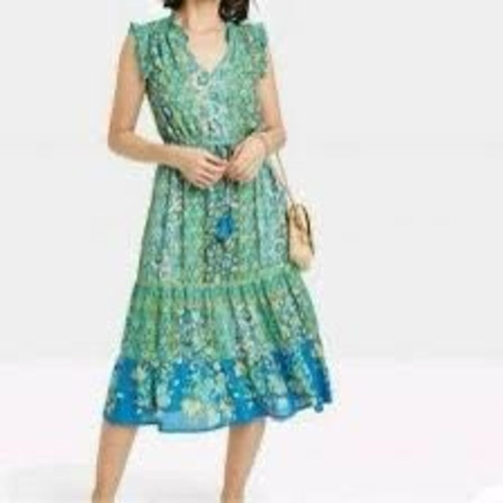 Green & Blue Floral Tiered Midi Dress